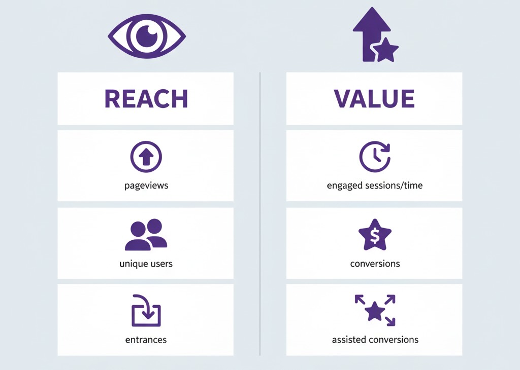 Two columns showing reach metrics vs value metrics with simple icons
