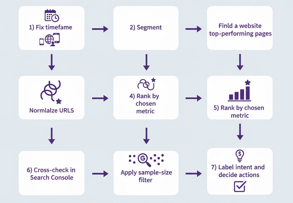 Seven-step flow from timeframe and segmentation to ranking, GSC check, and actions