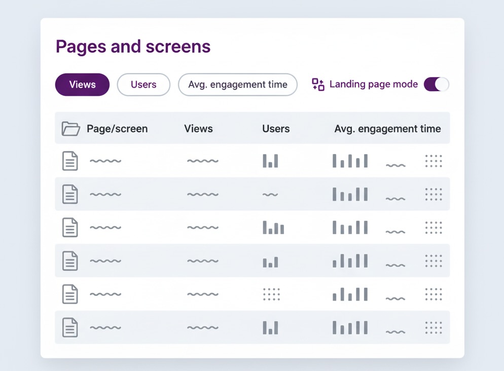 Generic analytics table of pages with metric toggles and a landing-page mode switch