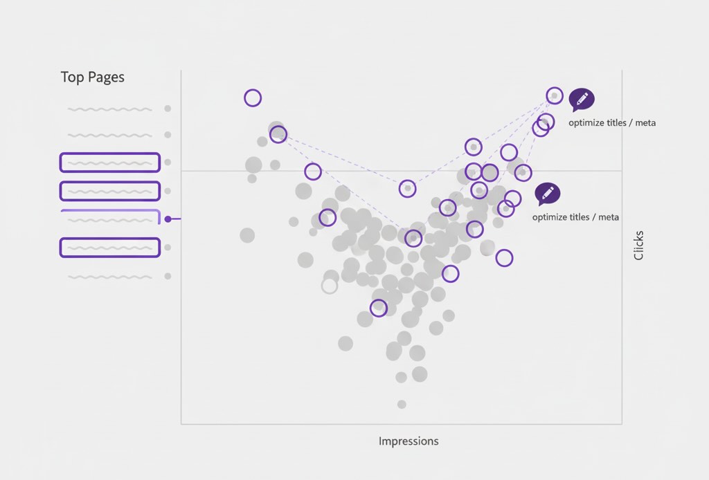 Neutral search performance view highlighting pages with high impressions and low CTR