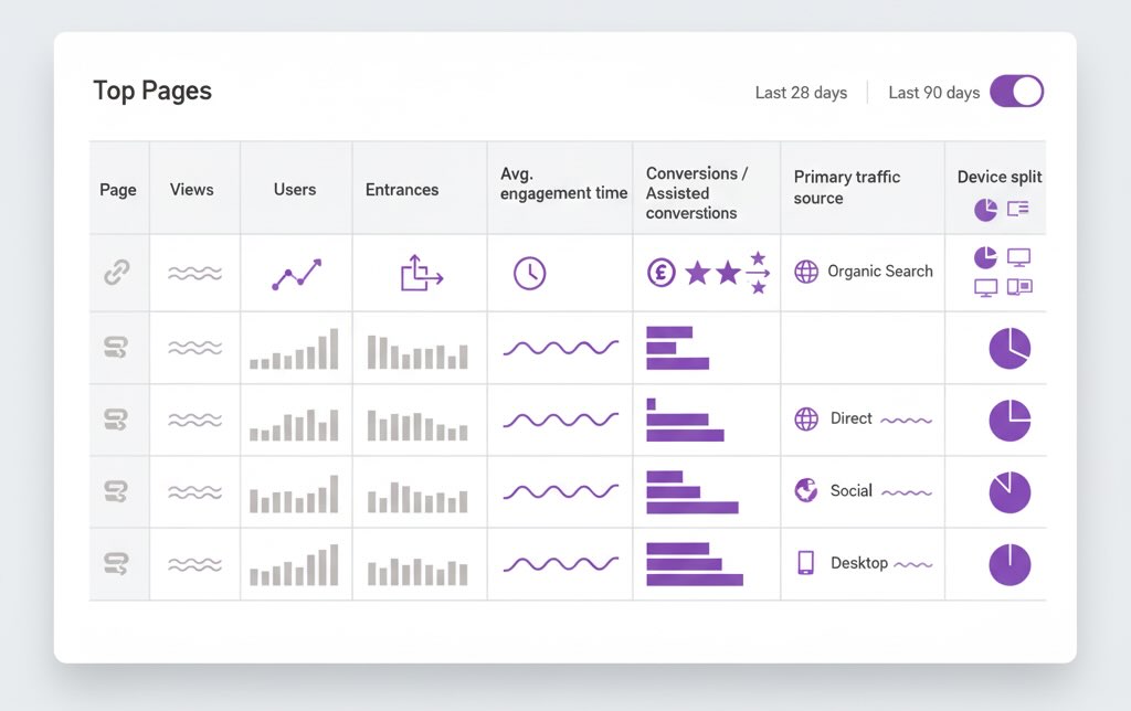 Compact BI table listing top pages with views, engagement, conversions, source, and device split.
