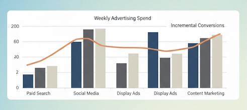 Weekly chart combining channel spend bars with an overlaid line for incremental conversions.