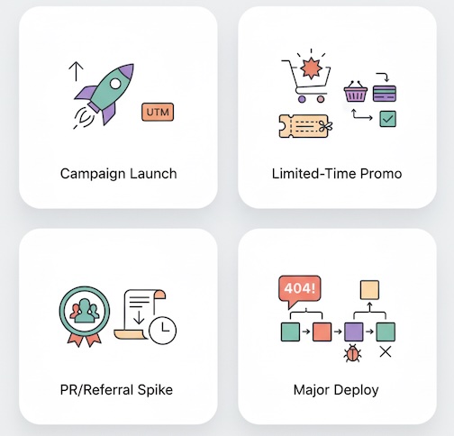 promo, PR spike, and site deploy with key signals