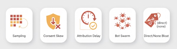 Row of warning badges for sampling, consent bias, attribution delay, bot surges, and UTM loss