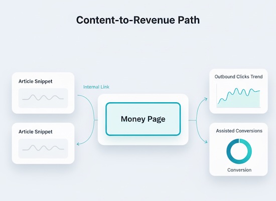 Flow from articles to a money page with outbound clicks and assist charts
