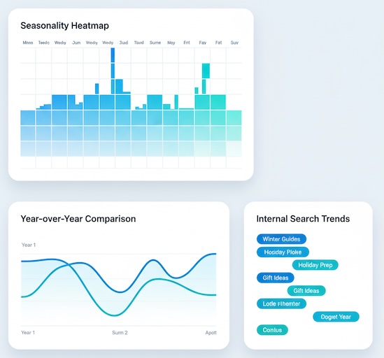 Calendar heatmap and YoY line showing seasonal peaks with internal-search hints