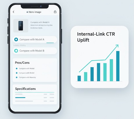 Mobile article UI showing early comparison links and pros/cons with CTR lift