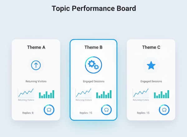 Topic tiles comparing performance; one high-intent theme stands out