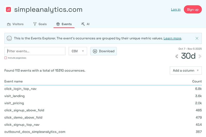 Simple Analytics—custom event setup page
