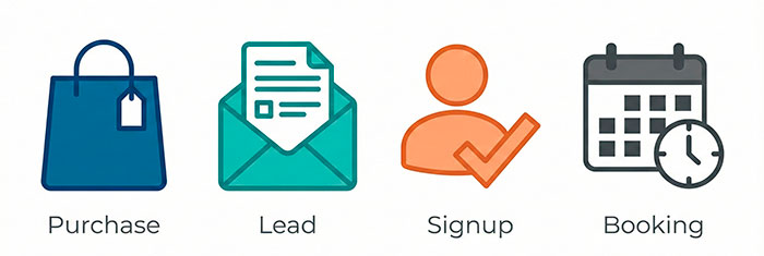 Icons of different main conversions: purchase, signup, lead