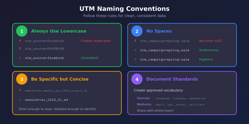 UTM naming conventions: lowercase, underscores, consistent terminology