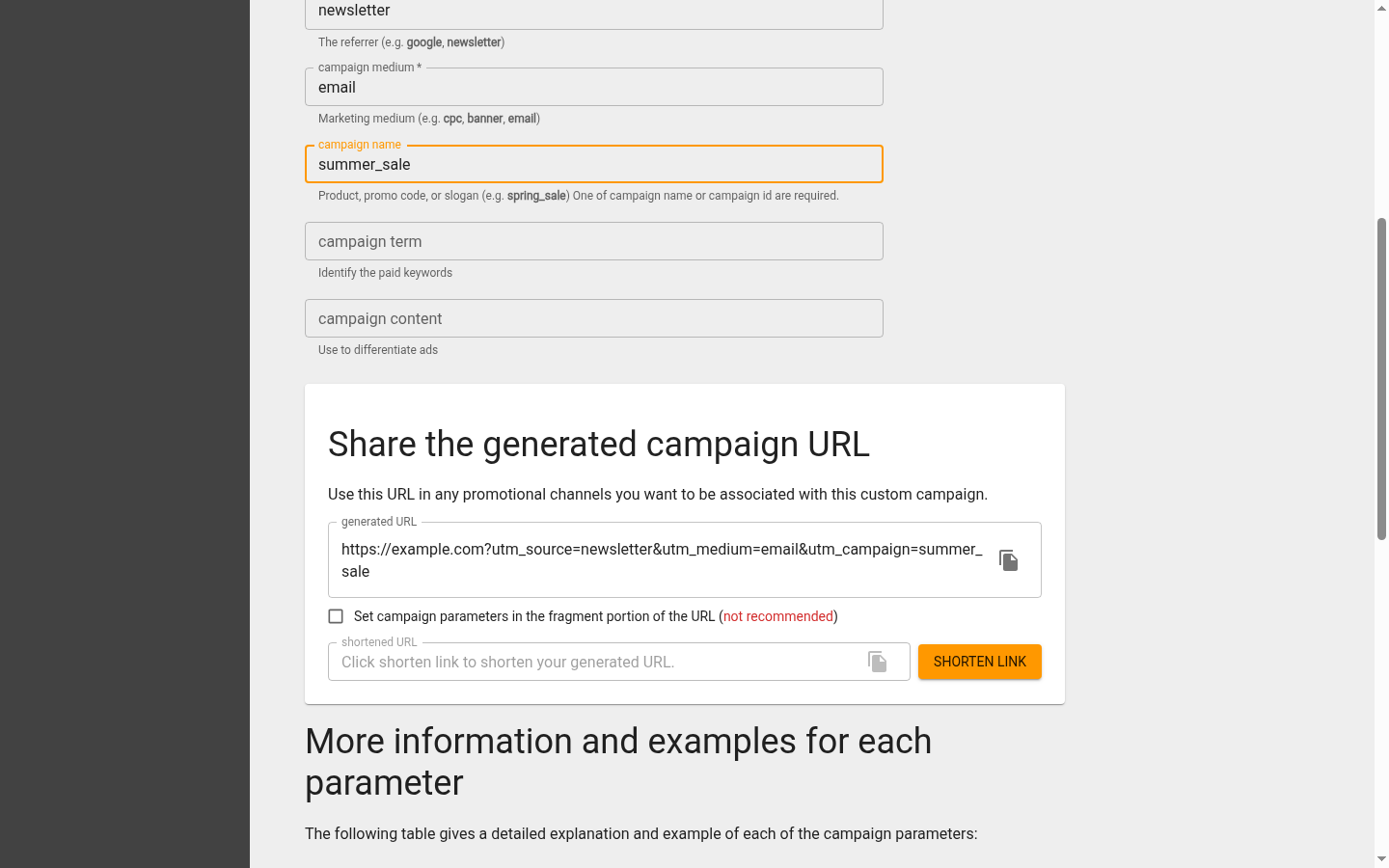 Google Campaign URL Builder: fill in source, medium, and campaign to build a tagged UTM link
